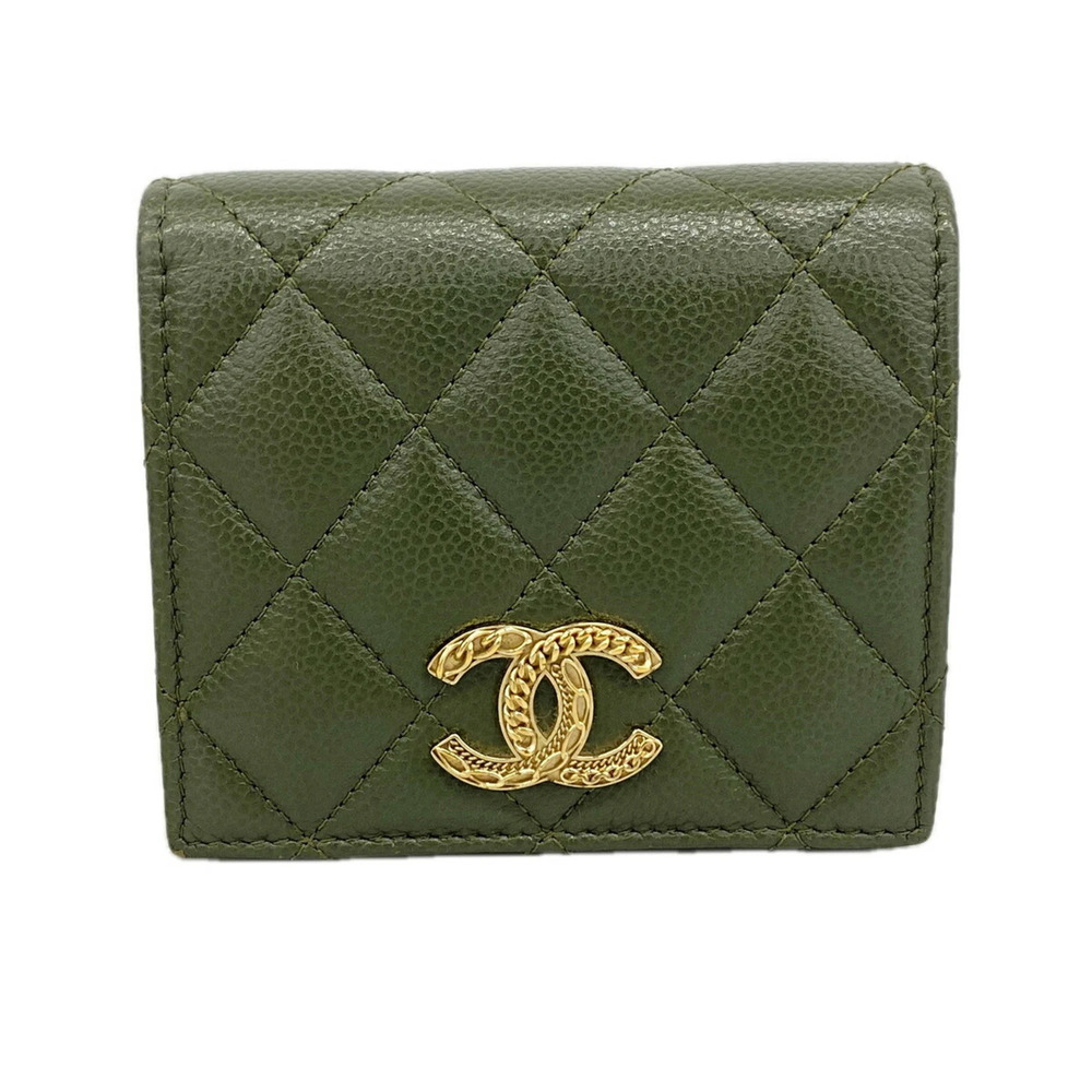 Chanel Matelassé wallet, caviar leather, khaki, women's.